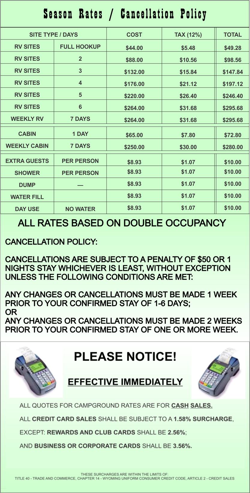 GREEN OASIS RV PARK, FIND DAILY AND WEEKLY FEES FOR FULL HOOKUP SITES, CABIN AND DAY USE. SEE ALSO OUR CANCELLATION POLICY AND CREDIT CARD CONVENIENCE FEES.